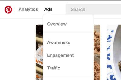 Du kan finde sektionen Pinterest-annoncer i navigationslinjen øverst til venstre.