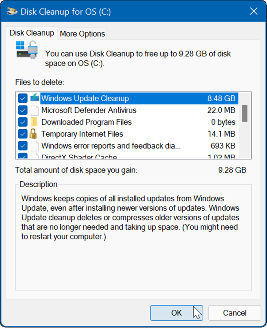 resultatet vil være flere midlertidige filer inklusive Windows Update Cleanup
