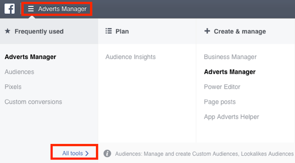 Naviger til målgruppens dashboard i din Facebook Ads Manager.