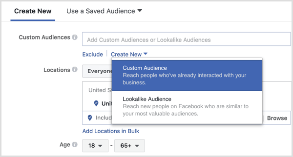 Facebook Ads Manager opretter tilpasset målgruppe under opsætning af annoncer
