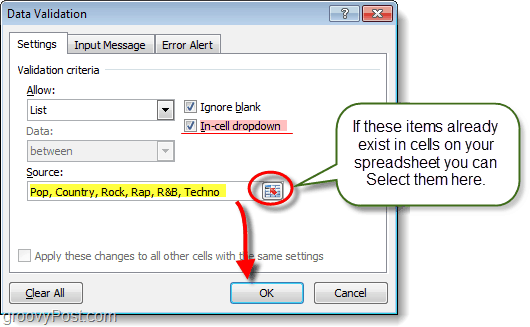 indstil dropmenu indhold i Excel 2010