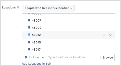 Facebook-annoncemålretning efter postnummer.