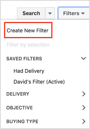 Facebook Ads Manager Opret nyt filter
