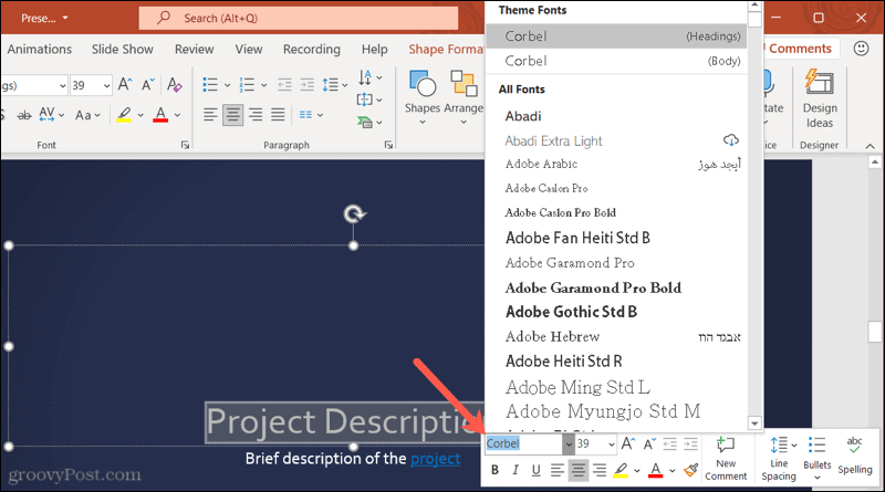 Skrifttyper i værktøjslinjen i PowerPoint i Windows