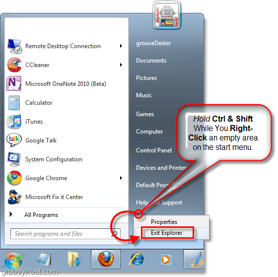 hold nede tasterne, og højreklik på startmenuen for at afslutte Explorer i Windows 7