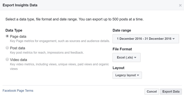 Vælg datatype, rækkevidde, filformat og layout til dine Facebook Insights-data.