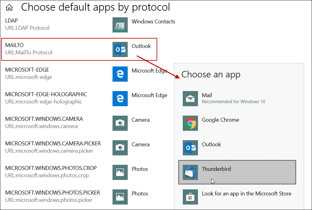 Angiv standard-e-mail-app efter protokol Windows 10