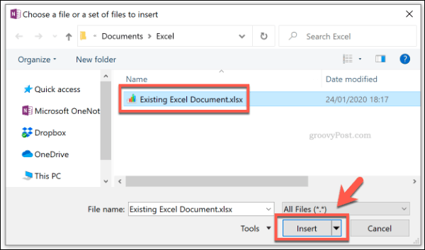 Tilføjelse af en Excel-fil som filvedhæftning i OneNote