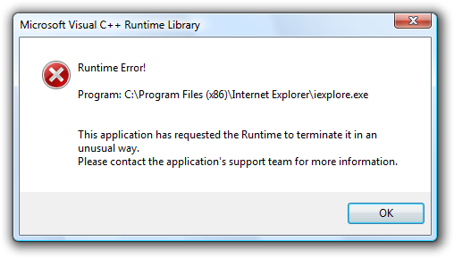 Internet Explorer 8 (IE8) Microsoft Visual C ++ Runtime Library: Kørselsfejl!