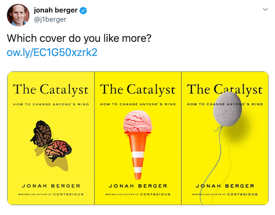 Jonah Berger tweet med billeder af tre mulige bogomslag
