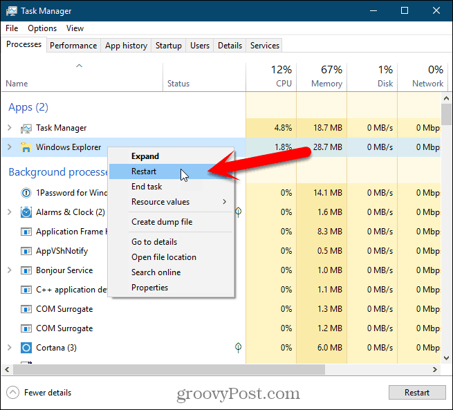 Højreklik på Windows Stifinder-processen og vælg Genstart i Windows 10 Task Manager