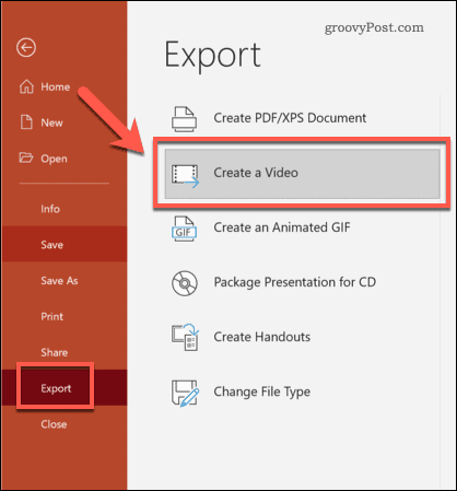 Eksport af PowerPoint til video på Windows