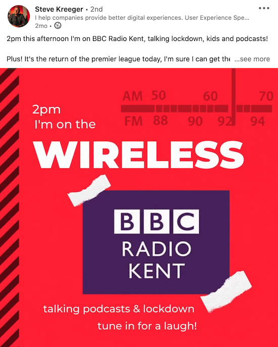 eksempel på en linkedin-video fra Steve Kreeger, der annoncerer et podcast-udseende på BBC Radio Kent