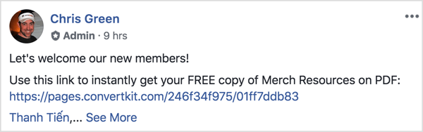 Dette Facebook-gruppepost byder de nye medlemmer velkommen og minder dem om at downloade en gratis PDF.