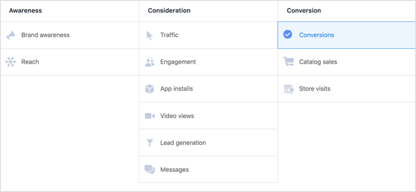 Vælg konverteringsmålet for en Facebook-kampagne.