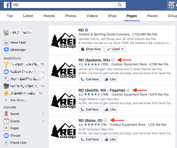 Verificerede lokale virksomheder på Facebook modtager et gråt verifikationsmærke ud for deres navn i søgeresultaterne og på deres side.