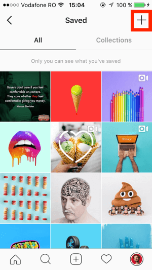 Tryk på + -tegnet øverst til højre på den Instagram-gemte skærm.