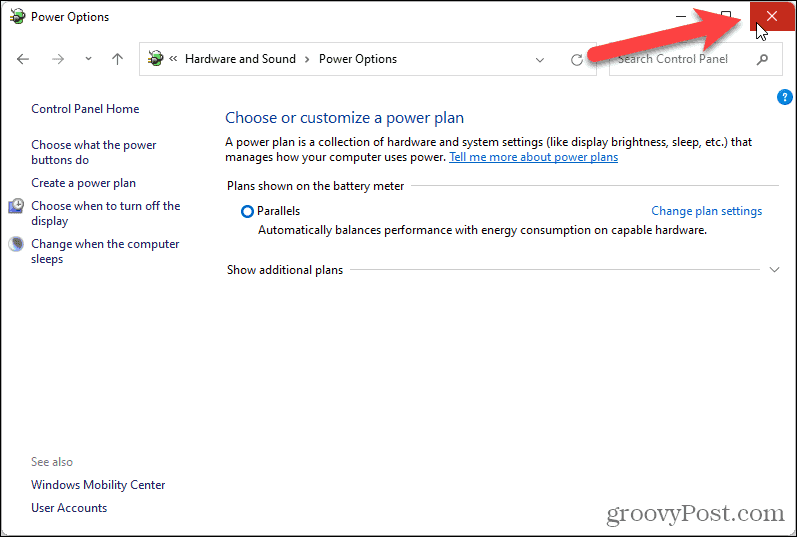 Luk skærmen Strømindstillinger i Kontrolpanel i Windows 11
