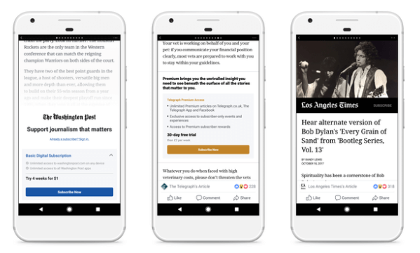 Facebook tester paywall- og abonnementsmodeller til øjeblikkelige artikler med en lille gruppe udgivere i hele USA og Europa.