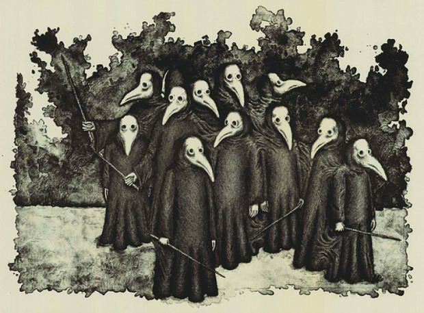 Illustreret metode til beskyttelse mod pesten, der blev udbredt i middelalderen, forhindrede folk spredning af bakterier med disse masker