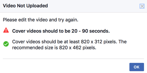 Hvis din covervideo ikke allerede lever op til Facebooks tekniske standarder, kan du ikke uploade den direkte som din sides covervideo.