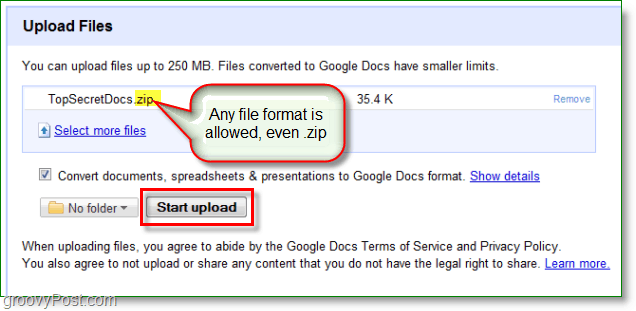 Google Docs-skærmbillede - uploadet et zip