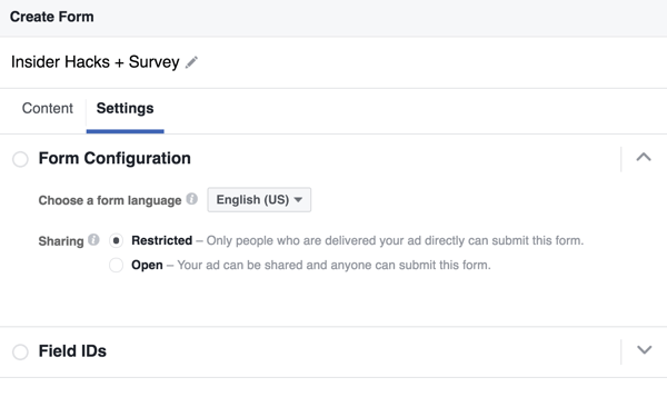 Du kan vælge et sprog til din Facebook-leadformular.