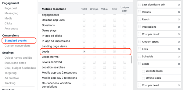 Eksempel på en Facebook Ads Manager-tilpasset rapport til Lead Event-handlinger og tilpassede konverteringer.
