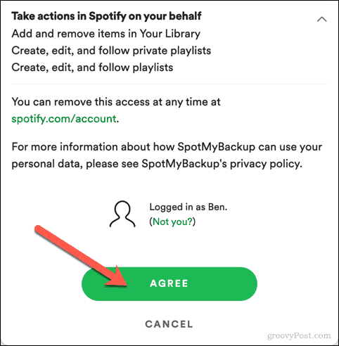 Godkendelse af SpotMyBackup-adgang til Spotify