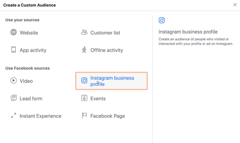 vælg Instagram Business som kilde til Facebook-tilpasset publikum