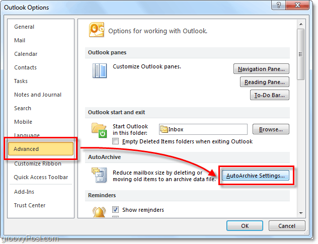 Avanceret> Autoarchive indstillinger i Outlook 2010