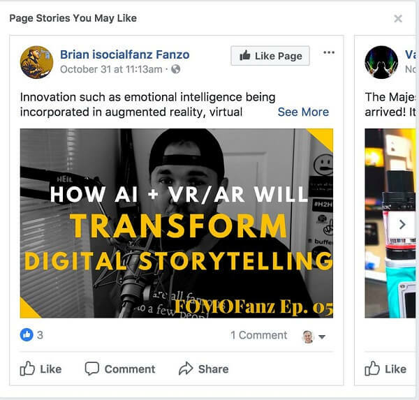Facebook anbefaler "Sidehistorier, du måske kan lide" mellem indlæg i dit nyhedsfeed.