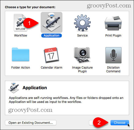 Vælg applikationstype i Automator til Mac