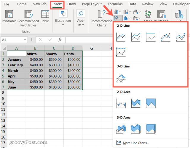 Klik på Indsæt linje eller områdediagram, og vælg en typografi