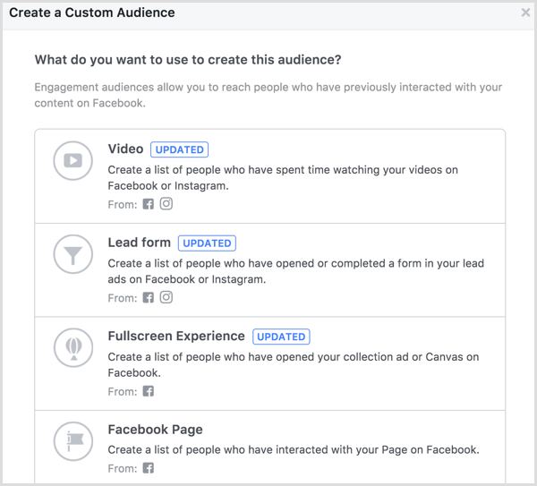 Facebook Opret side engagement brugerdefineret publikum