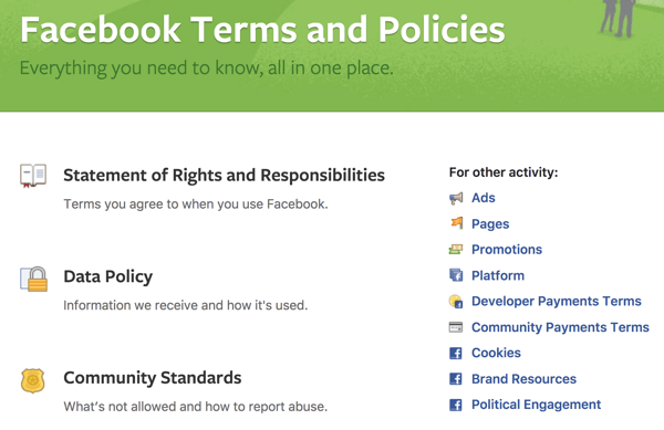 Facebook beskriver alle de vilkår og politikker, du har brug for at vide.