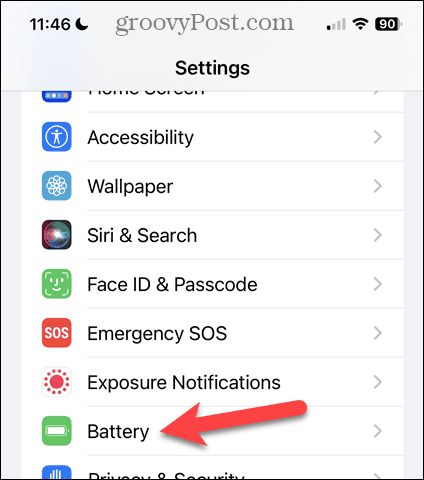 Tryk på Batteri på skærmen iPhone-indstillinger