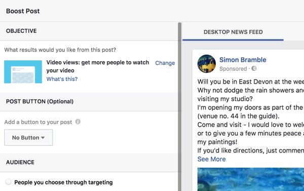 Facebook gør det nemt at oprette et boostet indlæg ved at gå igennem mulighederne.