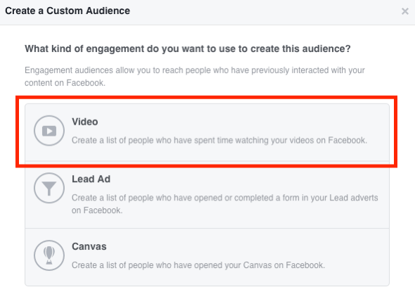 Vælg Video til dit Facebook-tilpassede videopublikum.