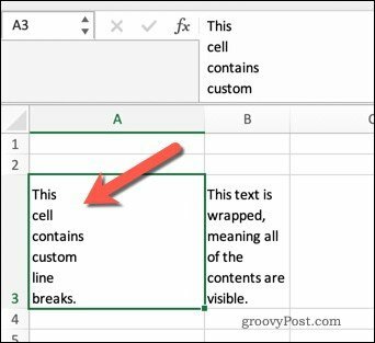 Indpakning af tekst i Excel ved hjælp af linjeskift.