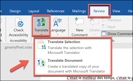 Indstillinger til oversættelse af et Word-dokument