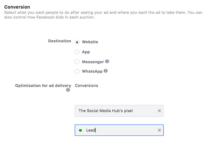 mulighed for at vælge en leadhændelse til din konverteringsmåloptimering i facebook ads manager