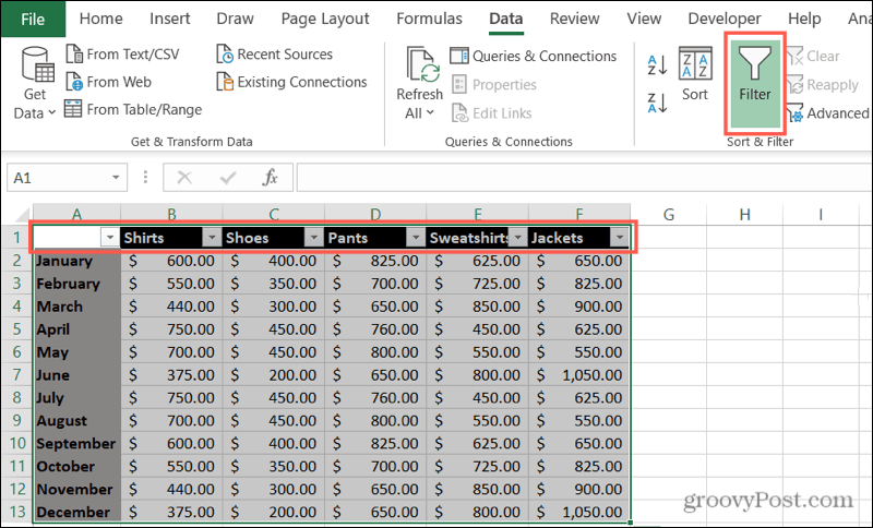 Aktivér filtre i Excel