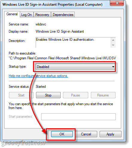 deaktiveret opstart type windows live id log in assistent
