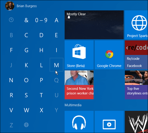 apps ved første bogstav Windows 10 Start