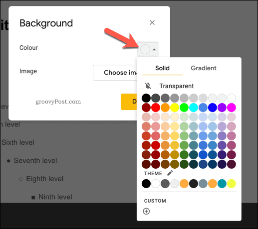 Tilføjelse af en baggrundsfarve til et masterdias i Google Slides