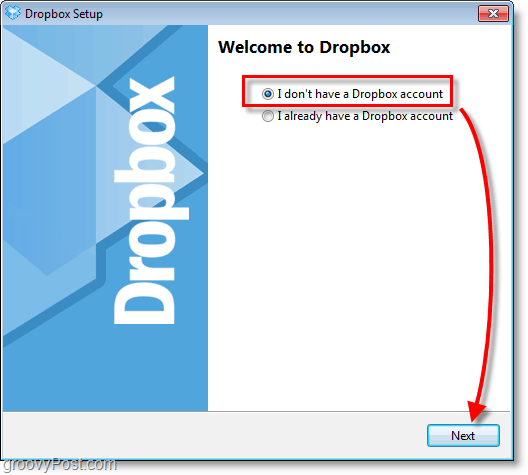 Dropbox-skærmbillede - vælg at oprette en ny konto