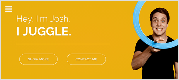 Josh Hortons hjemmeside til jonglering har en gul baggrund, et foto af Josh, der smiler og snurrer en lyseblå jongleringsring rundt om pegefingeren, og hvid tekst der siger Hej jeg er Josh. Jeg jonglerer.
