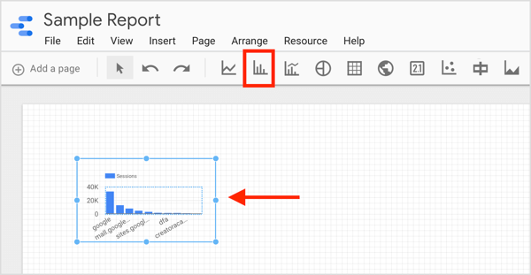 Klik på ikonet for det element, du vil oprette, og tegn et felt i din rapport.