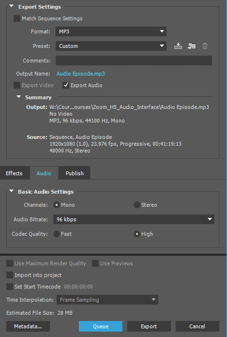 Eksporter din lyd som en MP3-fil i Adobe Premiere.